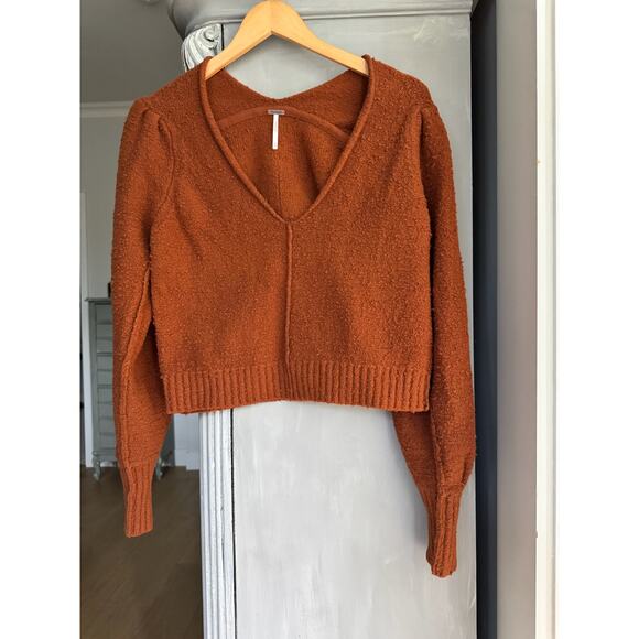 Free People Long Sleeve Sweater Burnt Butter V-neck Popcorn Puff Sleeve Sz XS - Picture 1 of 9